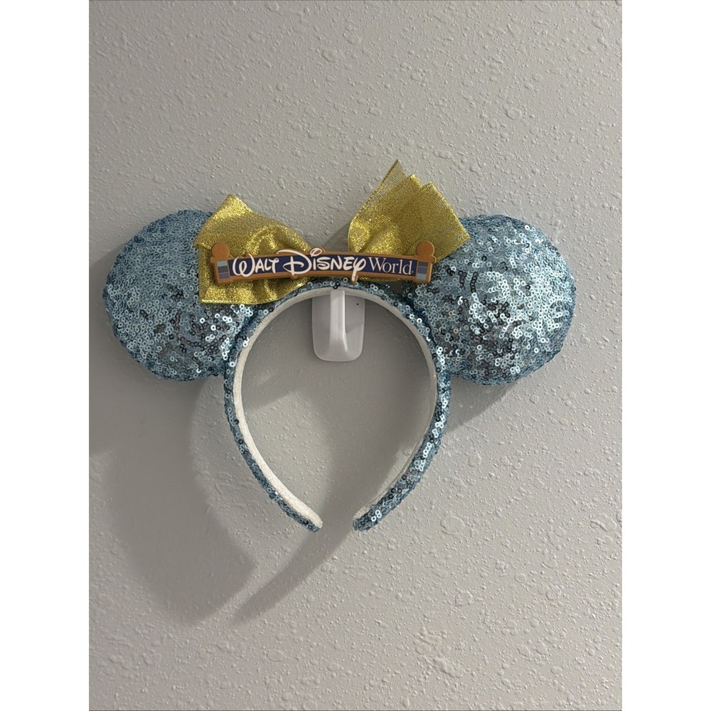 Disney~Parks Minnie Mouse Ears Walt Disney-World Blue‎ Sequins Gold Bow Headband